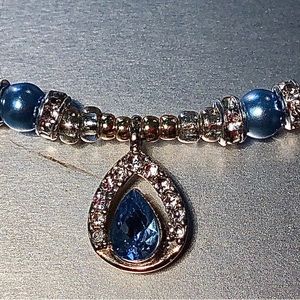 HAND CRAFTED Silver Gold Blue rhinestone pendant necklace Upcycled  Vintage